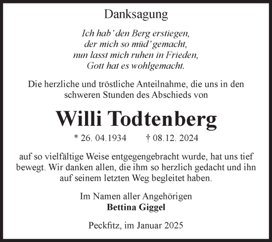 Traueranzeige von Willi Todtenberg von Volksstimme Altmark West