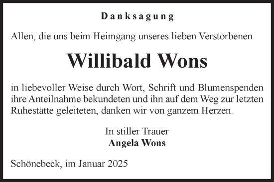 Traueranzeige von Willibald Wons von Volksstimme Schönebeck