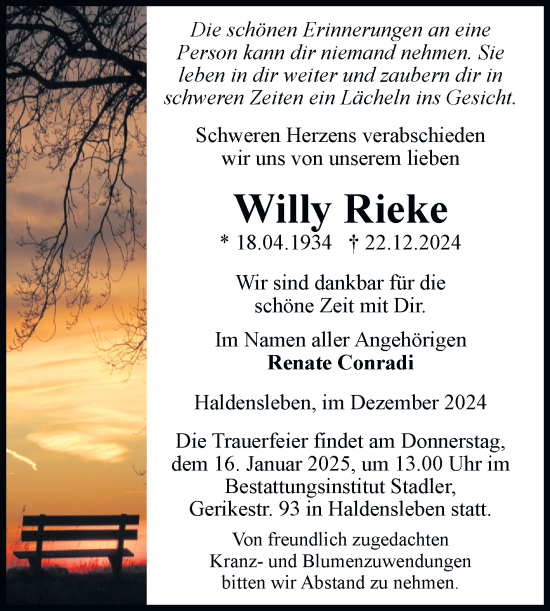Traueranzeige von Willy Rieke von Volksstimme Haldensleben/Wolmirstedt