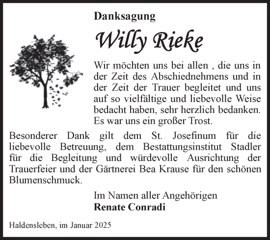 Traueranzeige von Willy Rieke von Volksstimme Haldensleben/Wolmirstedt