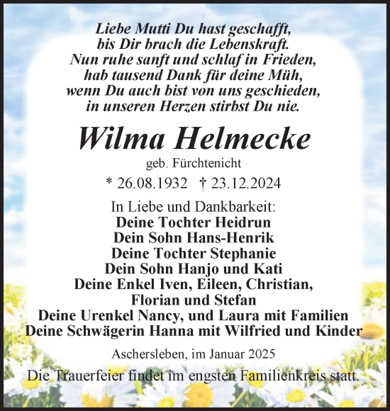 Traueranzeige von Wilma Helmecke von Trauerkombi Aschersleben