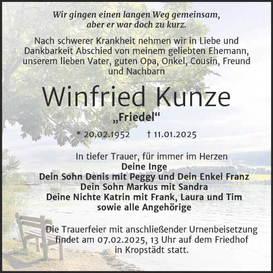 Traueranzeige von Winfried Kunze von Trauerkombi Wittenberg