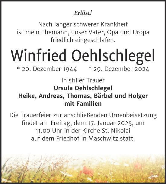 Traueranzeige von Winfried Oehlschlegel von Mitteldeutsche Zeitung Halle/Saalkreis