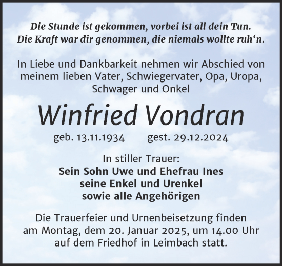 Traueranzeige von Winfried Vondran von Trauerkombi Mansfelder Land