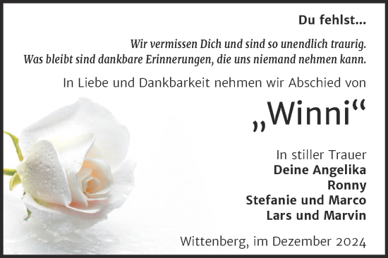 Traueranzeige von Winni  von Trauerkombi Wittenberg