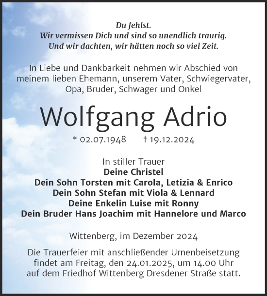 Traueranzeige von Wolfgang Adrio von Trauerkombi Wittenberg