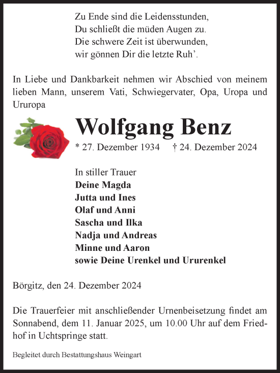 Traueranzeige von Wolfgang Benz von Volksstimme Altmark Ost