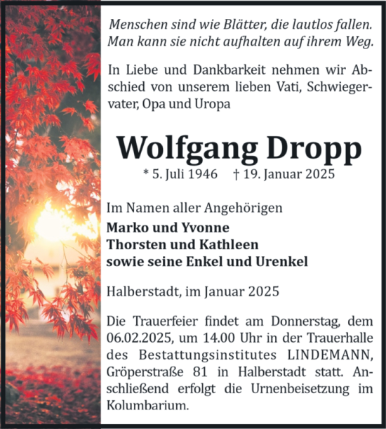 Traueranzeige von Wolfgang Dropp von Volksstimme Halberstadt