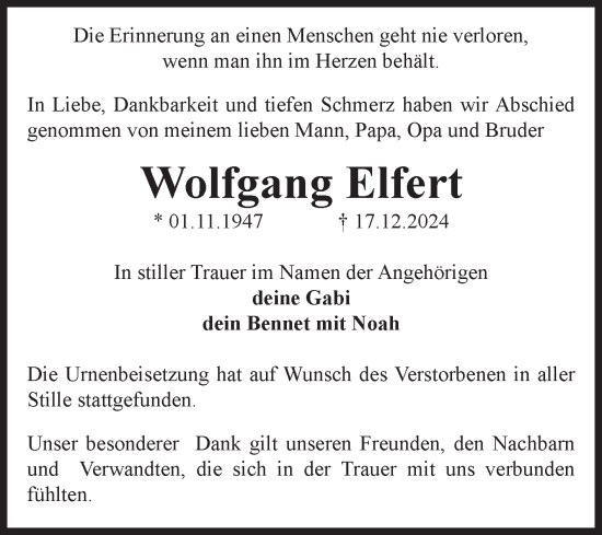 Traueranzeige von Wolfgang Elfert von Volksstimme Altmark Ost