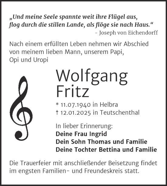 Traueranzeige von Wolfgang Fritz von Mitteldeutsche Zeitung Halle/Saalkreis