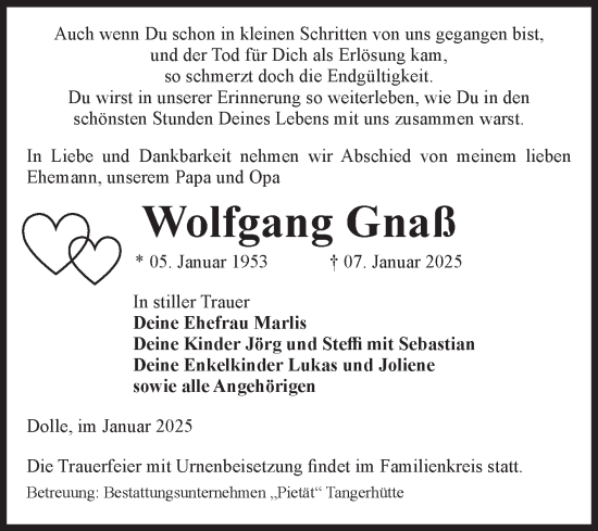 Traueranzeige von Wolfgang Gnaß von Volksstimme Haldensleben/Wolmirstedt