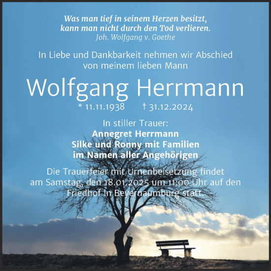 Traueranzeige von Wolfgang Herrmann von Trauerkombi Sangerhausen