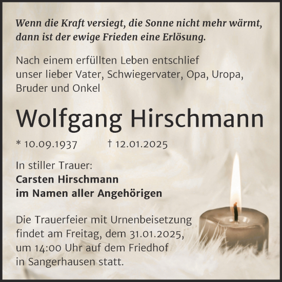 Traueranzeige von Wolfgang Hirschmann von Trauerkombi Sangerhausen