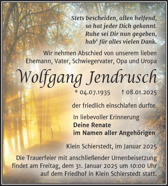 Traueranzeige von Wolfgang Jendrusch von Trauerkombi Aschersleben