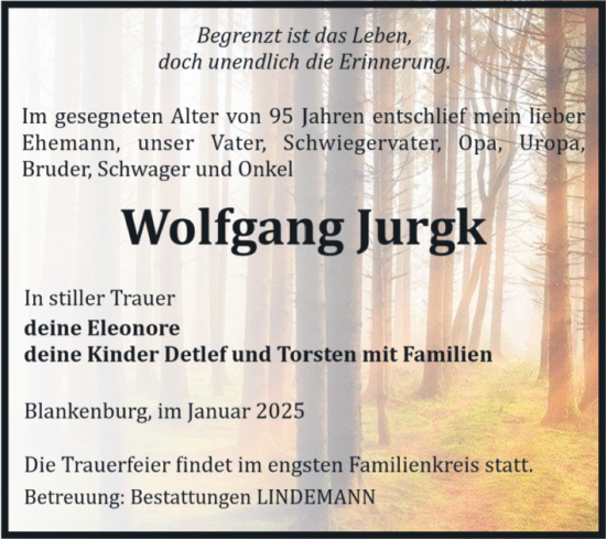 Traueranzeige von Wolfgang Jurgk von Volksstimme Wernigerode