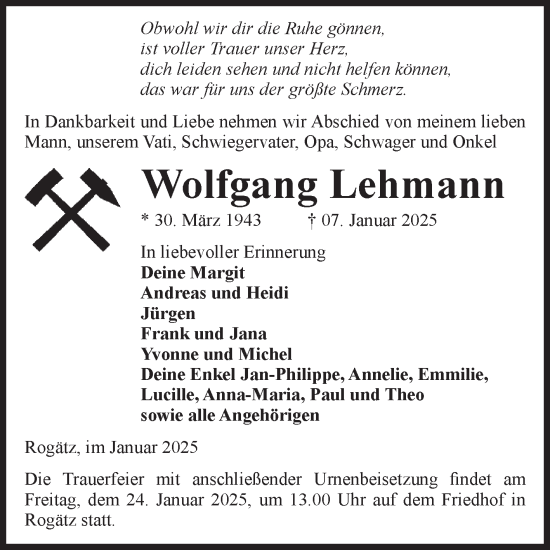 Traueranzeige von Wolfgang Lehmann von Volksstimme Haldensleben/Wolmirstedt