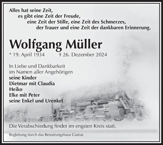 Traueranzeige von Wolfgang Müller von Volksstimme Halberstadt