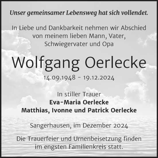 Traueranzeige von Wolfgang Oerlecke von Trauerkombi Sangerhausen