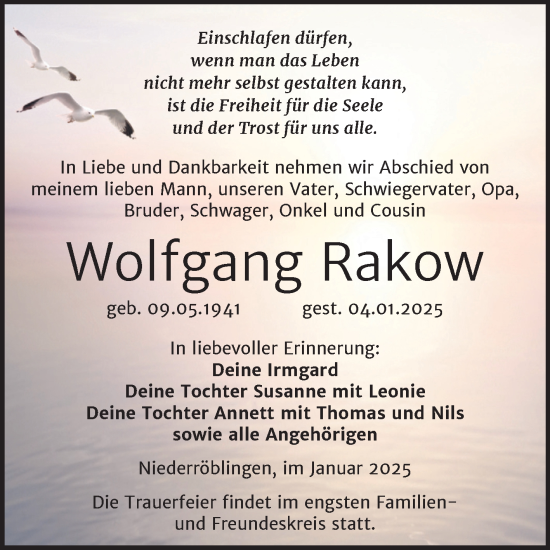 Traueranzeige von Wolfgang Rakow von Trauerkombi Sangerhausen