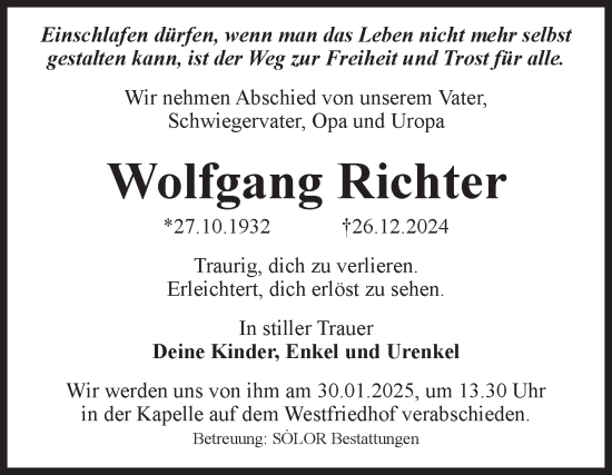 Traueranzeige von Wolfgang Richter von Volksstimme Magdeburg