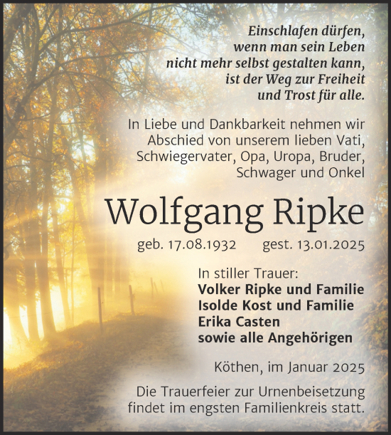 Traueranzeige von Wolfgang Ripke von Trauerkombi Köthen