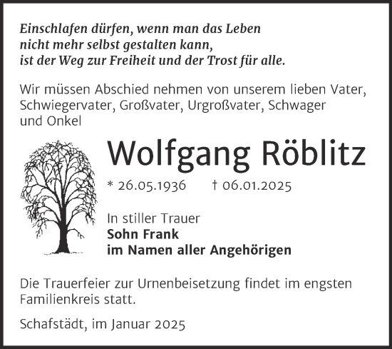 Traueranzeige von Wolfgang Röblitz von Trauerkombi Merseburg