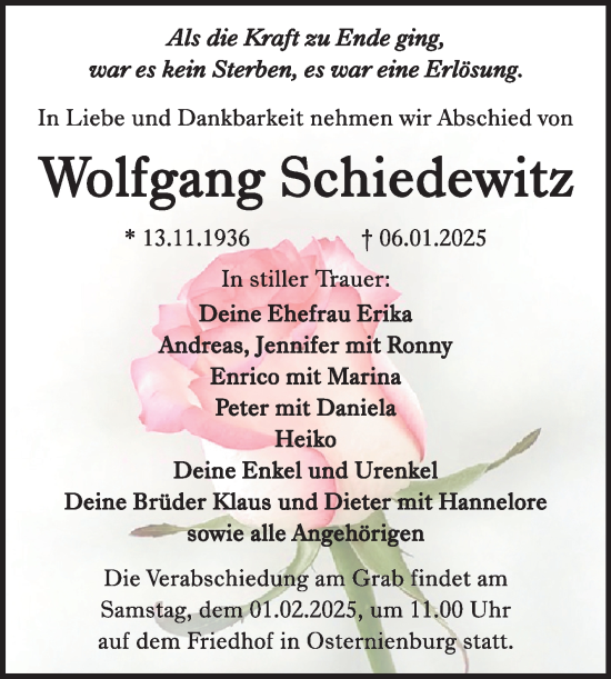 Traueranzeige von Wolfgang Schiedewitz von Trauerkombi Köthen