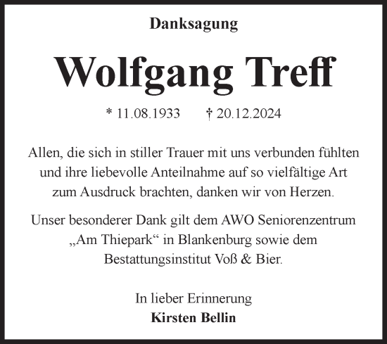 Traueranzeige von Wolfgang Treff von Volksstimme Wernigerode