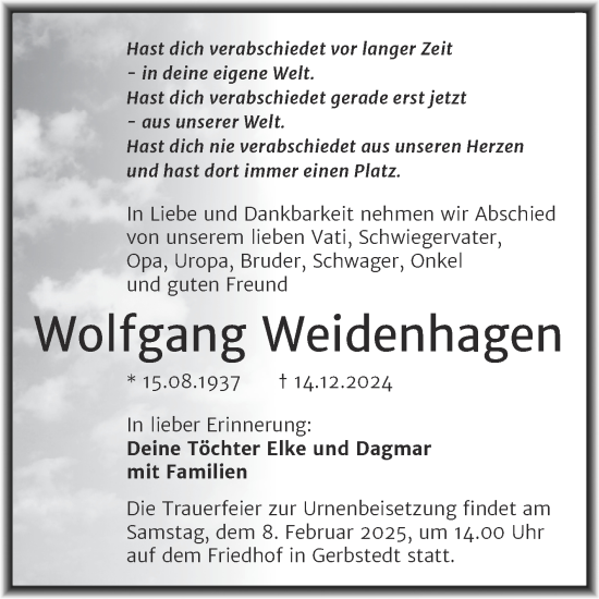Traueranzeige von Wolfgang Weidenhagen von Trauerkombi Mansfelder Land