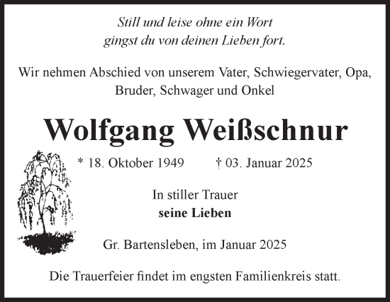 Traueranzeige von Wolfgang Weißschnur von Volksstimme Haldensleben/Wolmirstedt