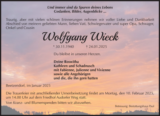 Traueranzeige von Wolfgang Wieck von Volksstimme Altmark West