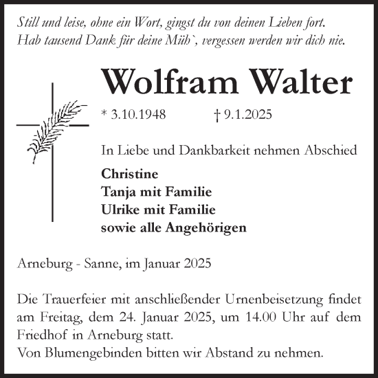 Traueranzeige von Wolfram Walter von Volksstimme Altmark Ost
