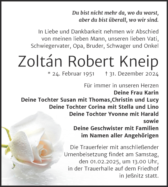 Traueranzeige von Zoltán Robert Kneip von Trauerkombi Bitterfeld