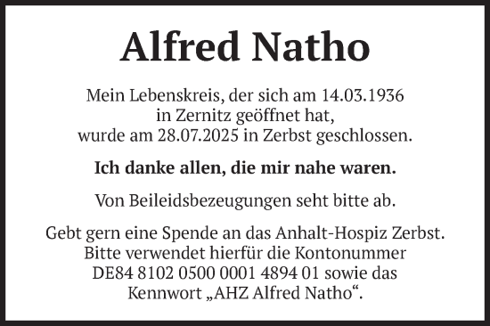 Traueranzeige von Alfred Natho von Volksstimme Zerbst
