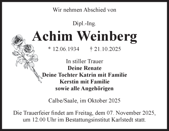 Traueranzeige von Achim Weinberg von Volksstimme Schönebeck