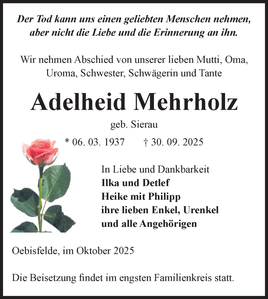  Traueranzeige für Adelheid Mehrholz vom 04.10.2025 aus Volksstimme Altmark West
