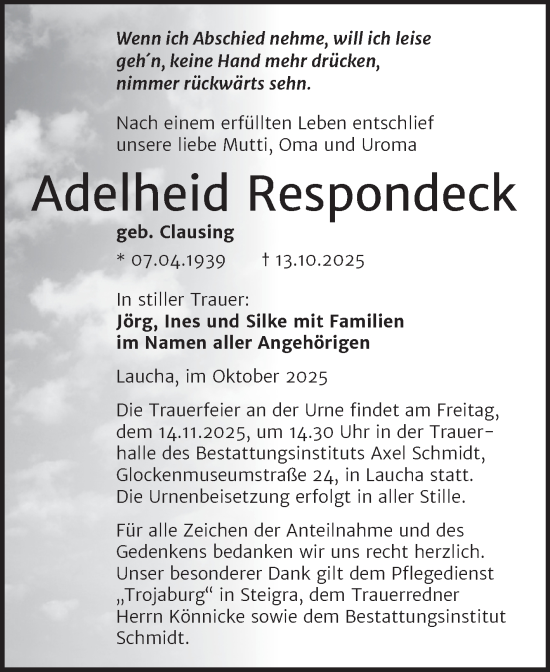 Traueranzeige von Adelheid Respondeck von Super Sonntag Naumburg/Nebra