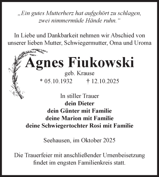 Traueranzeige von Agnes Fiukowski von Volksstimme Altmark Ost