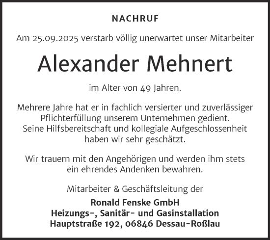 Traueranzeige von Alexander Mehnert von Super Sonntag Dessau-Roßlau