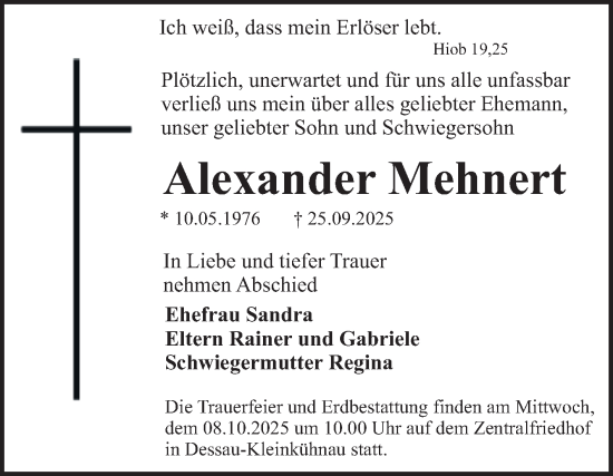 Traueranzeige von Alexander Mehnert von Trauerkombi Dessau