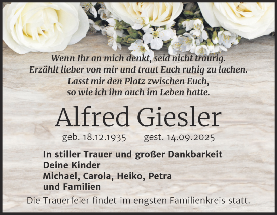Traueranzeige von Alfred Giesler von Trauerkombi Merseburg