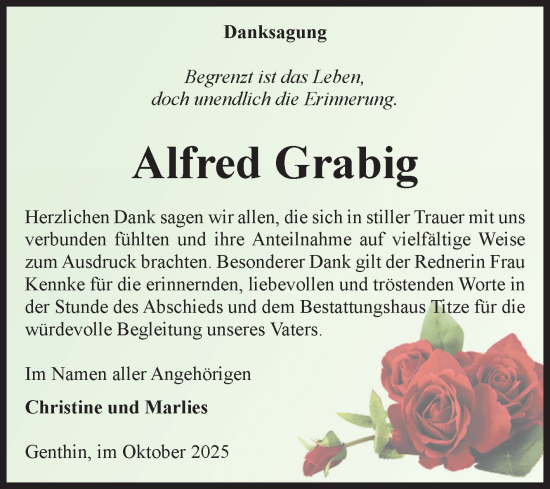 Traueranzeige von Alfred Grabig von Volksstimme Altmark Ost