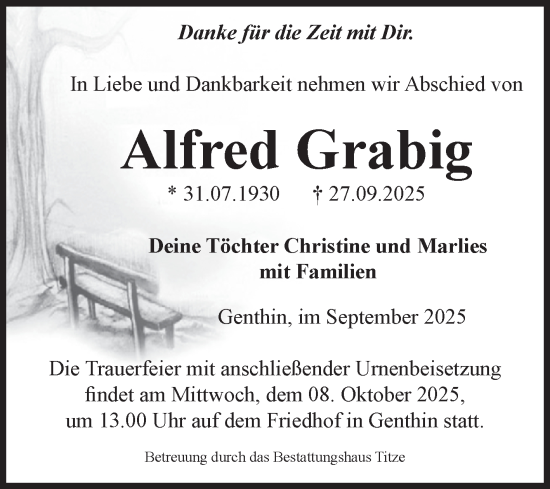 Traueranzeige von Alfred Grabig von Volksstimme Altmark Ost