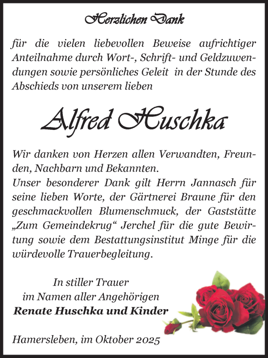Traueranzeige von Alfred Huschka von Volksstimme Oschersleben/Wanzleben