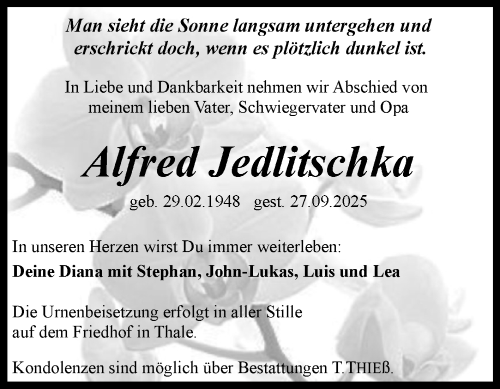  Traueranzeige für Alfred Jedlitschka vom 04.10.2025 aus Trauerkombi Quedlinburg