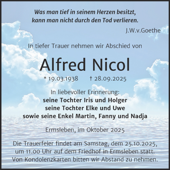 Traueranzeige von Alfred Nicol von Trauerkombi Aschersleben