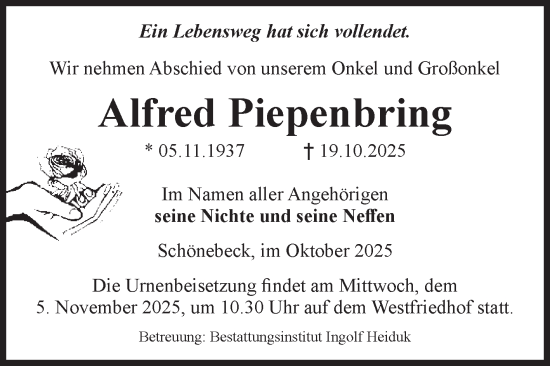 Traueranzeige von Alfred Piepenbring von Volksstimme Schönebeck