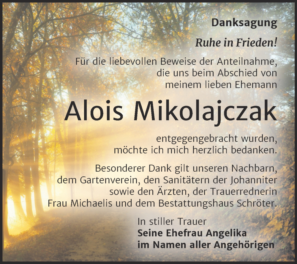  Traueranzeige für Alois Mikolajczak vom 11.10.2025 aus Trauerkombi Bitterfeld