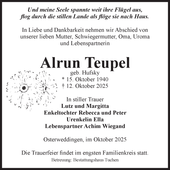 Traueranzeige von Alrun Teupel von Volksstimme Oschersleben/Wanzleben