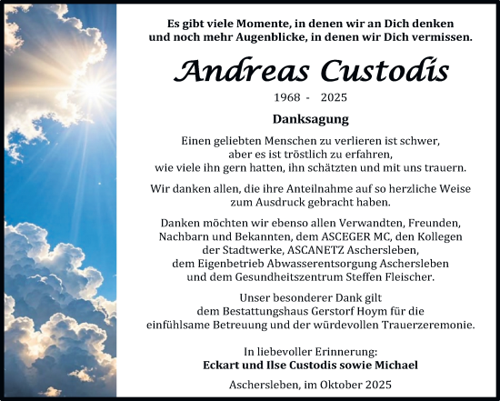 Traueranzeige von Andreas Custodis von Trauerkombi Aschersleben